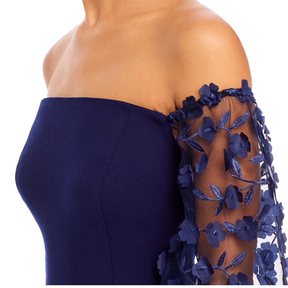 Eliza J Off Shoulder Navy Dress with 3D Floral Sleeves Gown MOB MOG - Picture 8 of 10